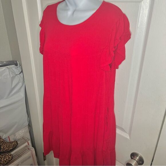 Evelyn Flutter Sleeve Casual Cherry Red Ruffle Tiered Mini Dress Has Pockets L - Picture 5 of 10